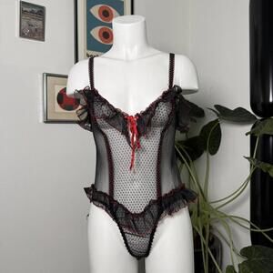 Black & red polka dot mesh lingerie top with ruffles and bow detail